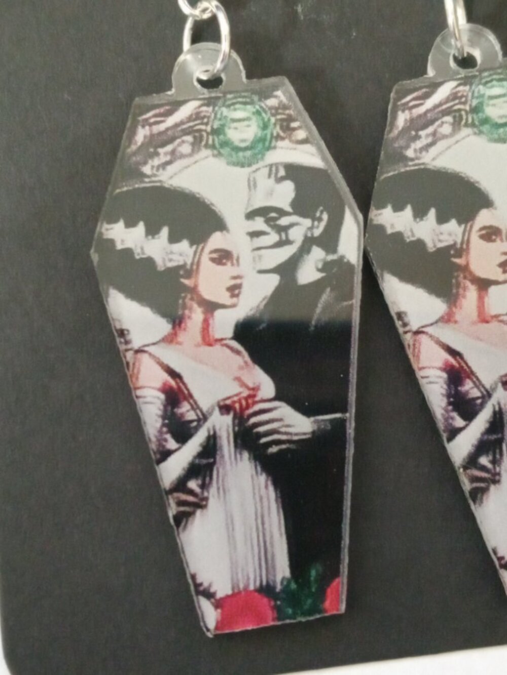 Handmade gothic coffin earrings featuring Frankenstein’s Monster and the Bride - Picture 2 of 4